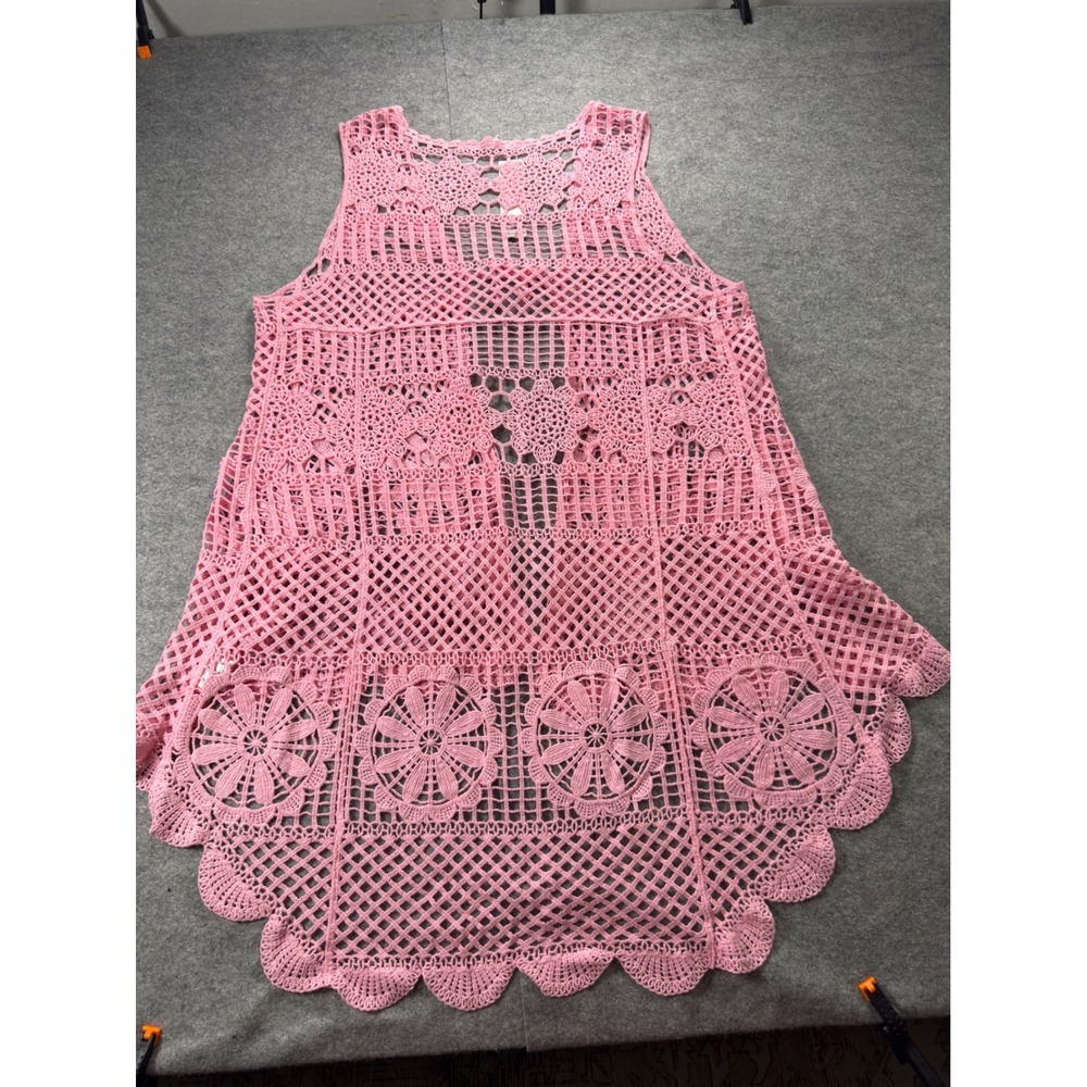 GLEAMISS Crochet Vest Women One Size Pink Boho Open Knit Front Tie Layering - Picture 10 of 11